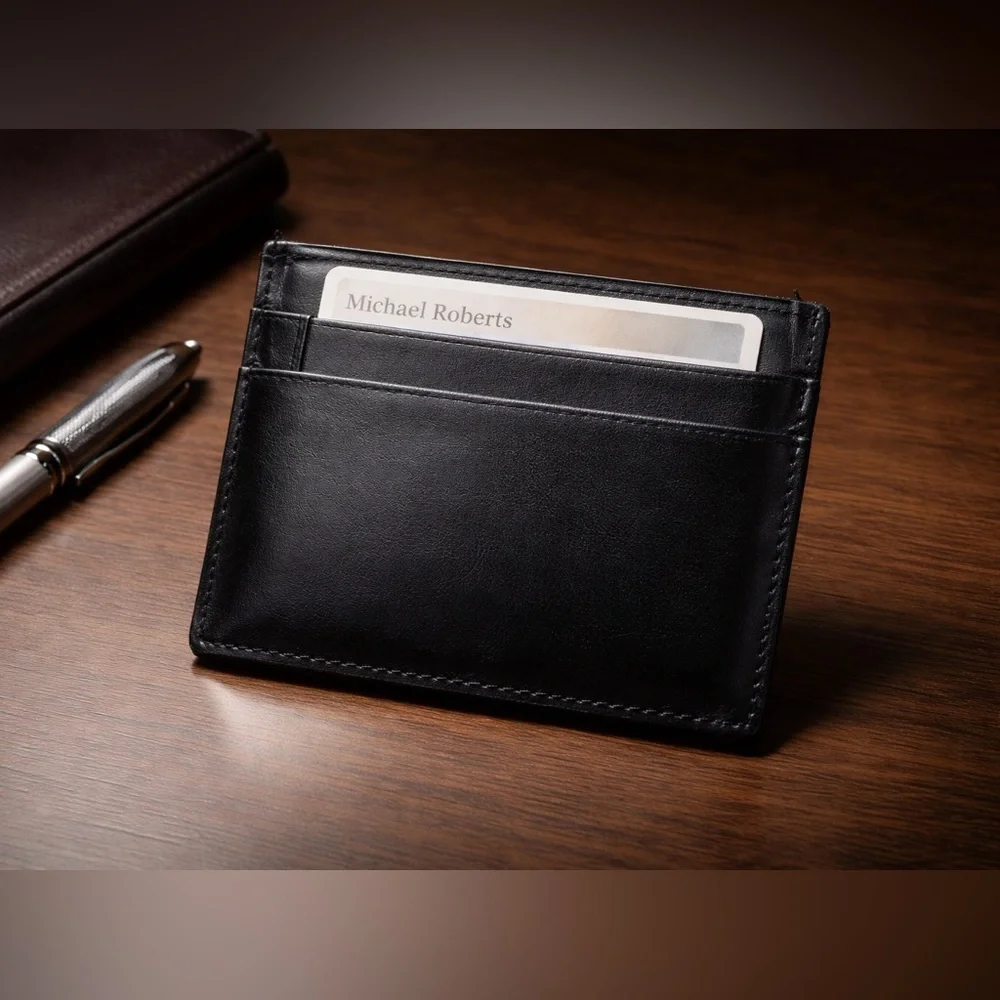 Black Leather Slim Card Holder Wallet with clip